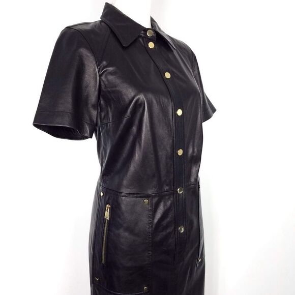 Per Se By Carlisle 100% Genuine Black Soft Leather Shirt Dress Size 4 - Picture 3 of 7